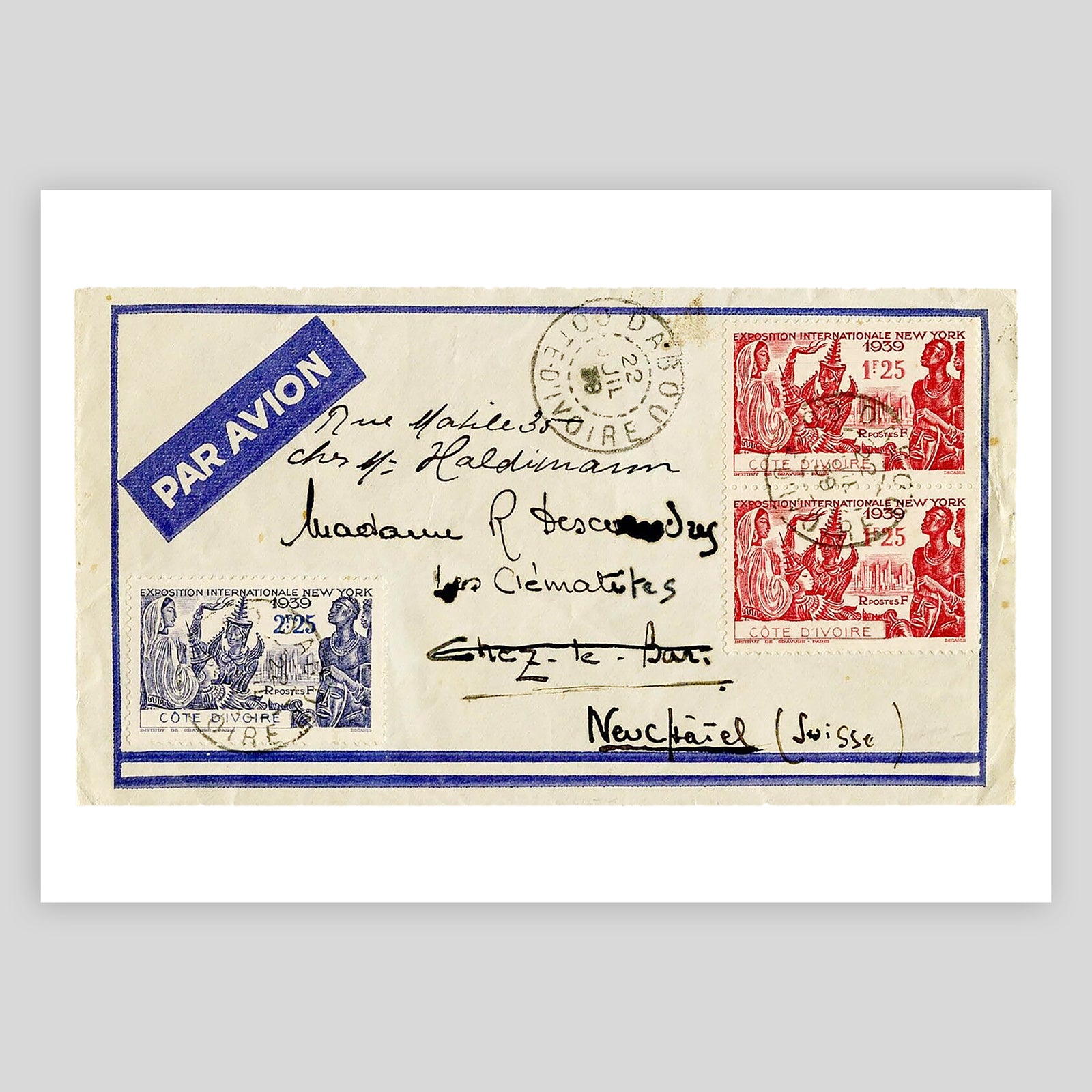 Cote d'Ivoire to Switzerland Airmail 1939 Fine Art Print