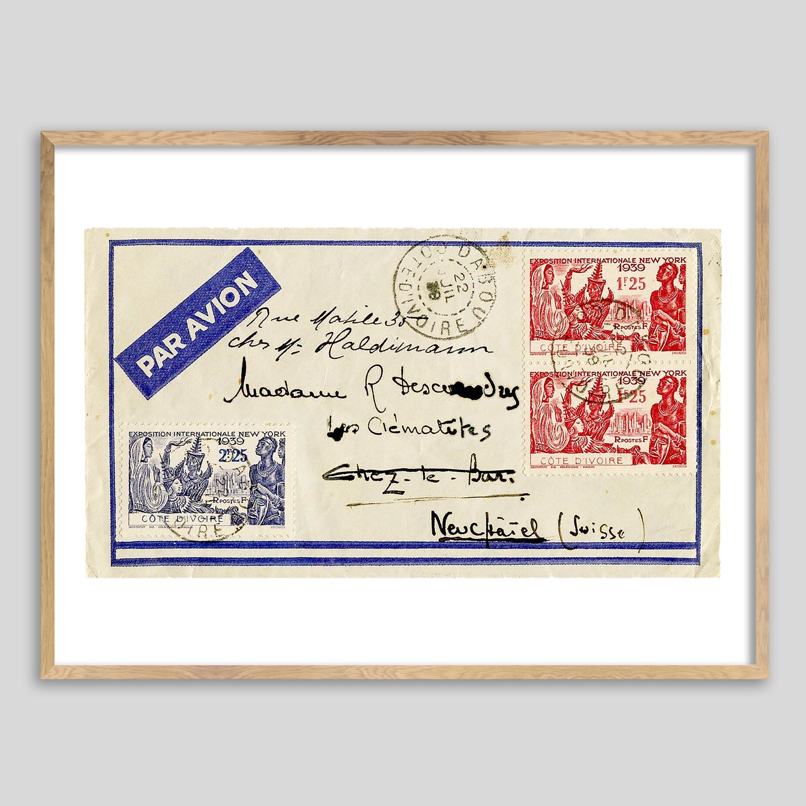 Cote d'Ivoire to Switzerland Airmail 1939 Framed Print